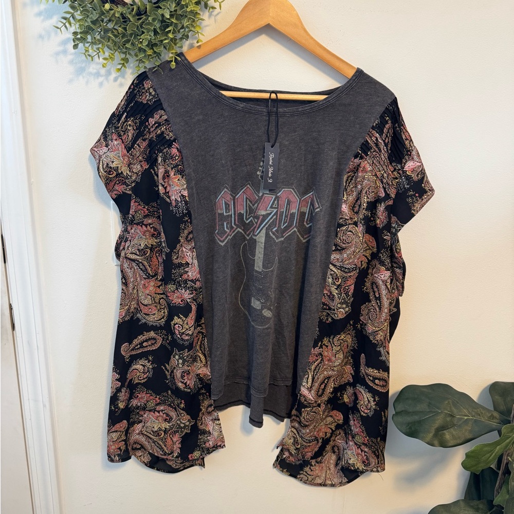 Custom AC/DC Graphic Women's Top with Paisley Sleeves - Picture 1 of 5